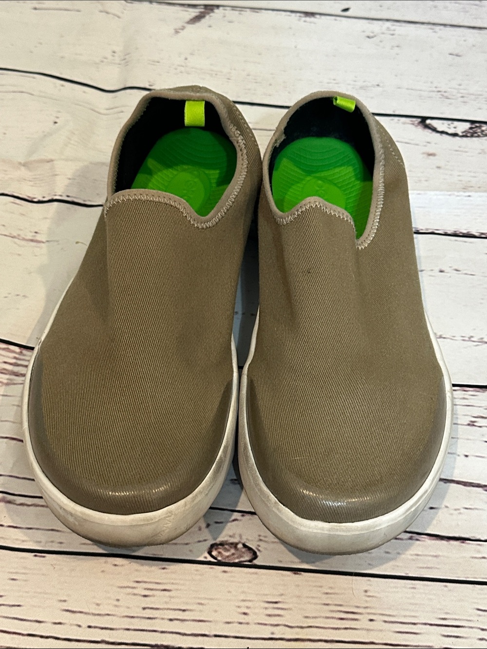 OOFOS Slip-On Athletic Shoes in Khaki with Neon Green Insole